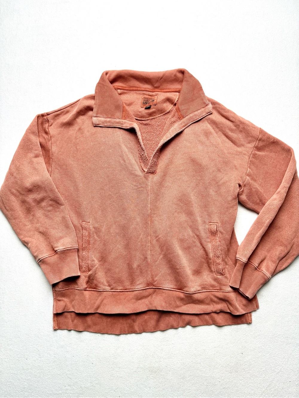American Eagle Outfitters Faded Coral V-Neck Half-Zip Pullover